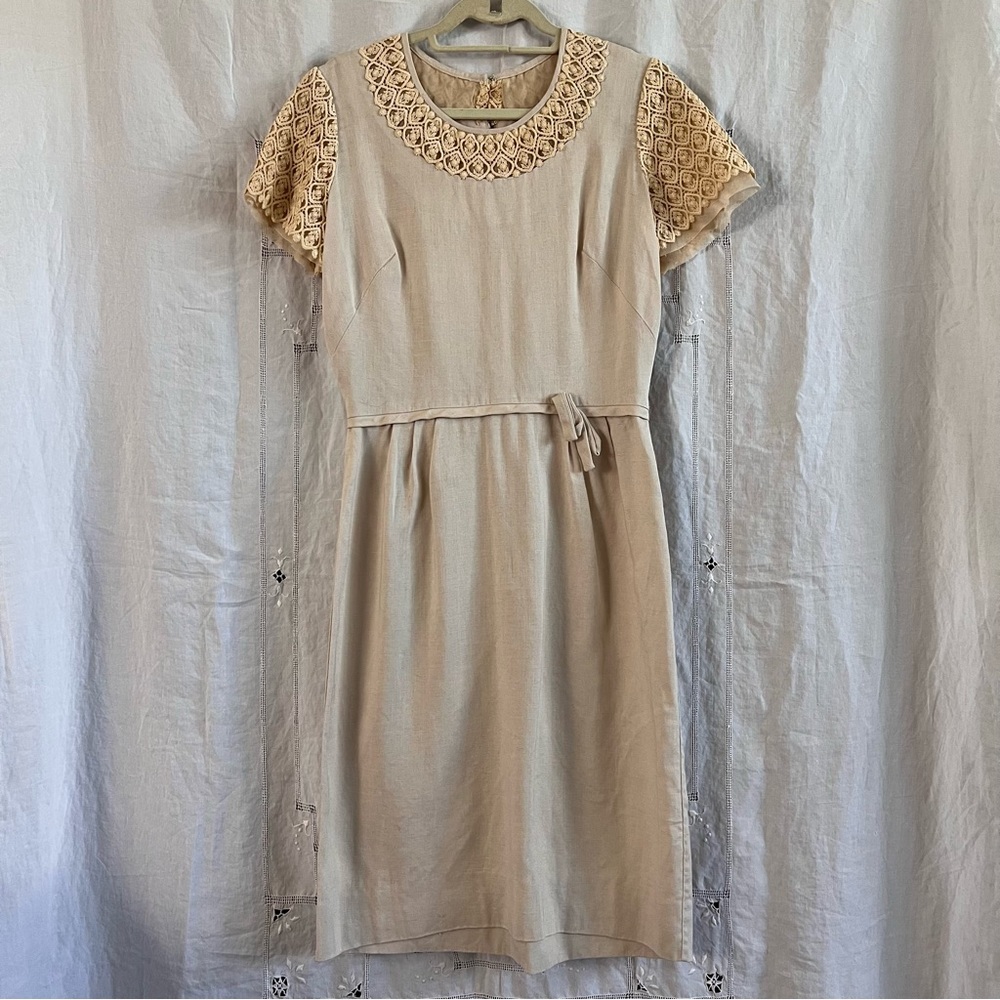 VINTAGE/ 1950s ecru linen dress